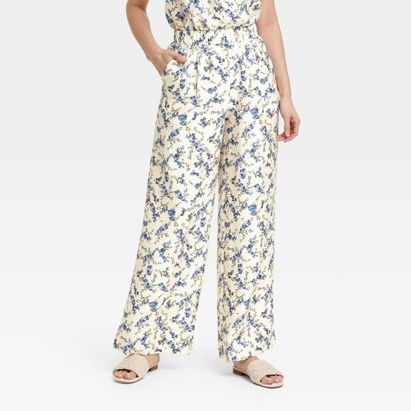 A New Day High Rise Wide Leg Floral Print Pants Cream Blue Large - Picture 1 of 9